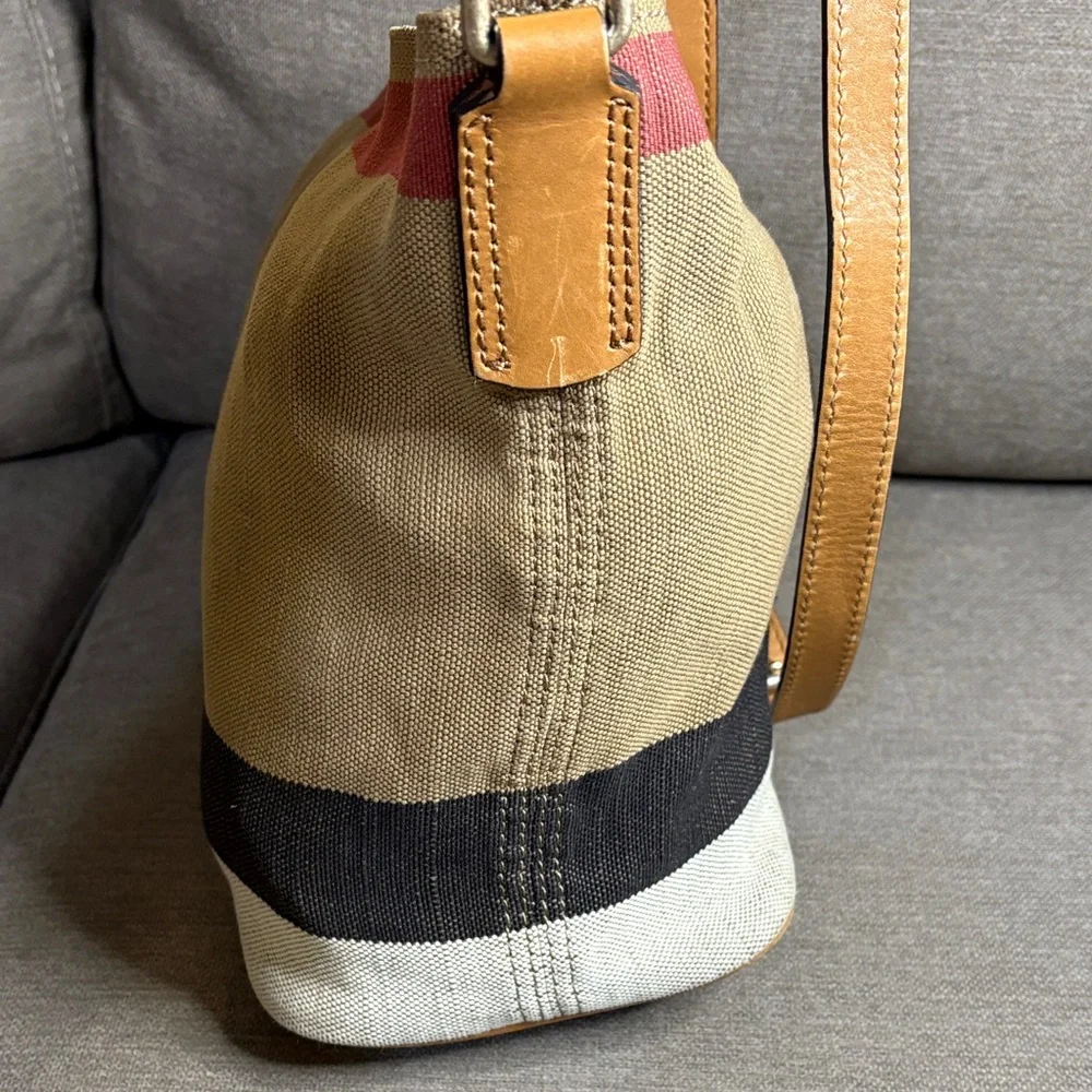 Burberry Ashby House Check Canvas Bucket Crossbody Leather Trim and Tassel - Picture 5 of 15